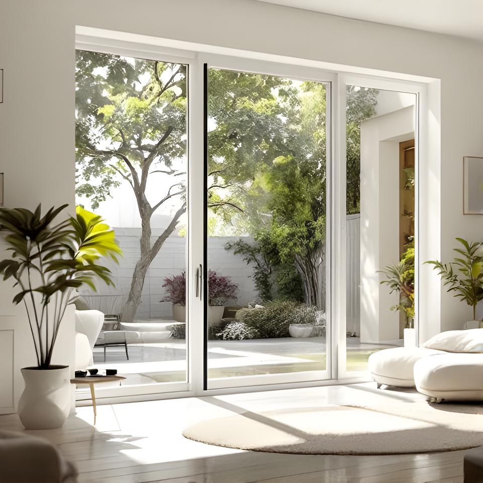 Ventanales de vidrio en una vivienda luminosa con vista al jardín
