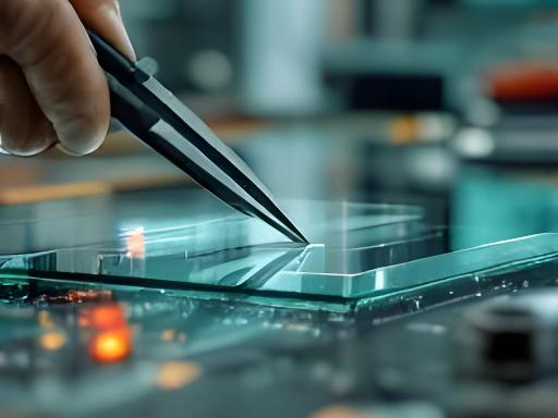 Técnica de control de calidad revisando un canto de vidrio con herramienta de medición en mesa de trabajo
