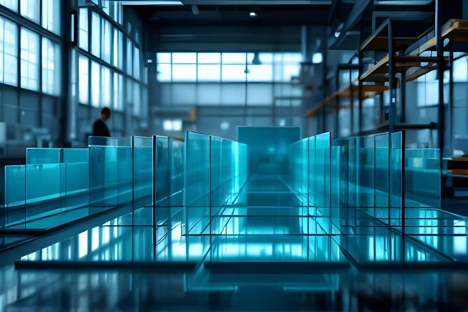 Planos y paneles de vidrio en un taller industrial ordenado, con luz natural entrando desde grandes ventanales