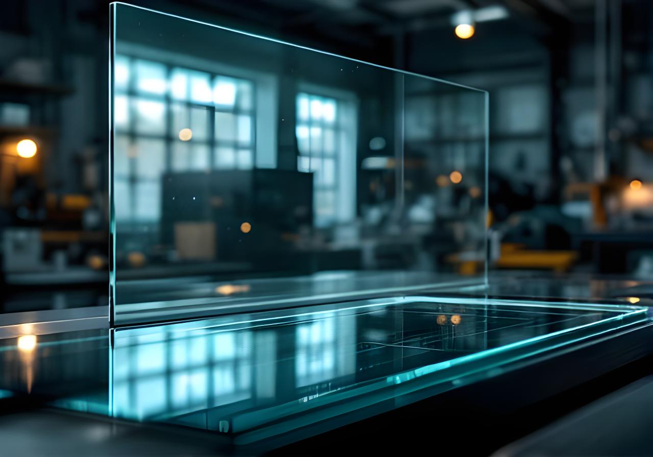 Panel de vidrio templado en un taller moderno con iluminación tenue y reflejos precisos