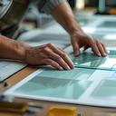 Arquitecta revisando planos en una mesa de obra con muestras de vidrio