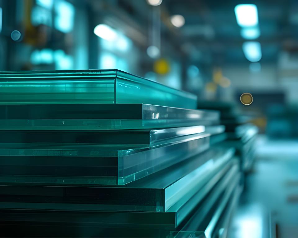 Paneles de vidrio apilados en un taller luminoso con reflejos suaves y un operario revisando terminaciones