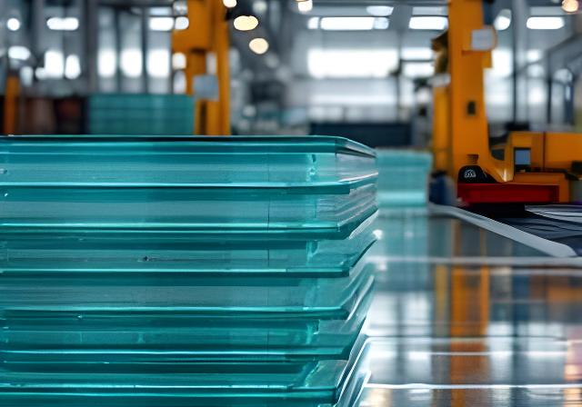 Paños de vidrio templado apilados en una planta industrial con control de calidad