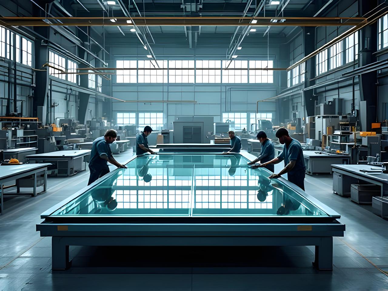 Taller de vidrio con una pieza grande en proceso de corte, mesas ordenadas y luz técnica sobre la superficie