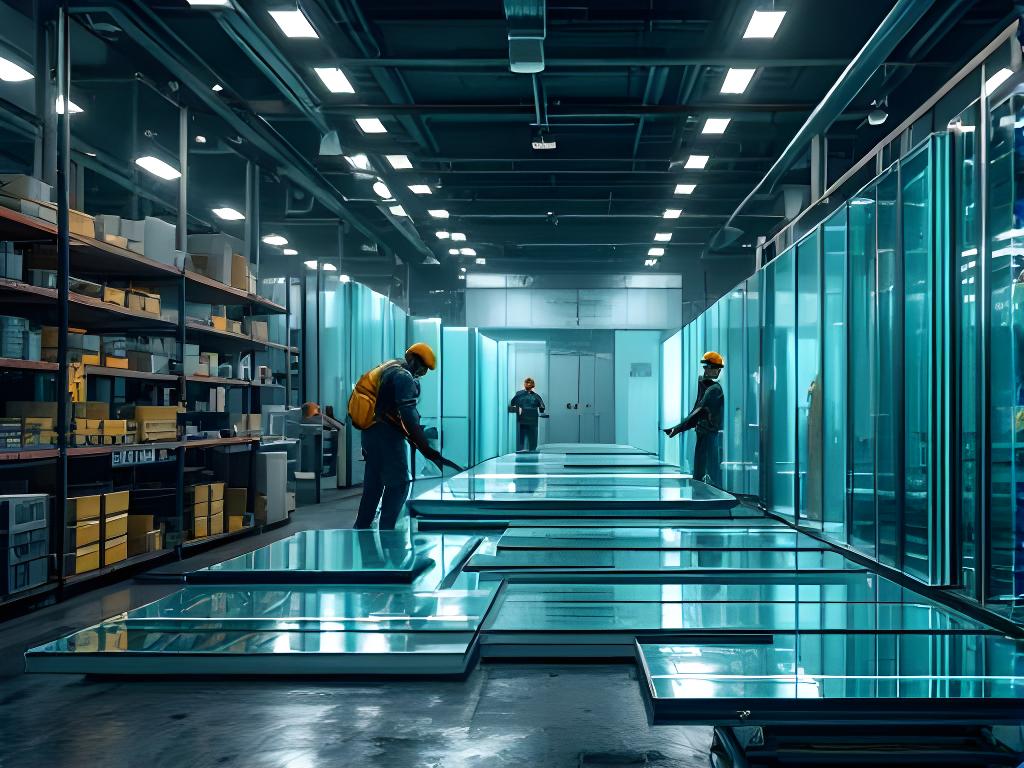 Operarios revisando planchas de vidrio en una planta de fabricación luminosa con herramientas ordenadas